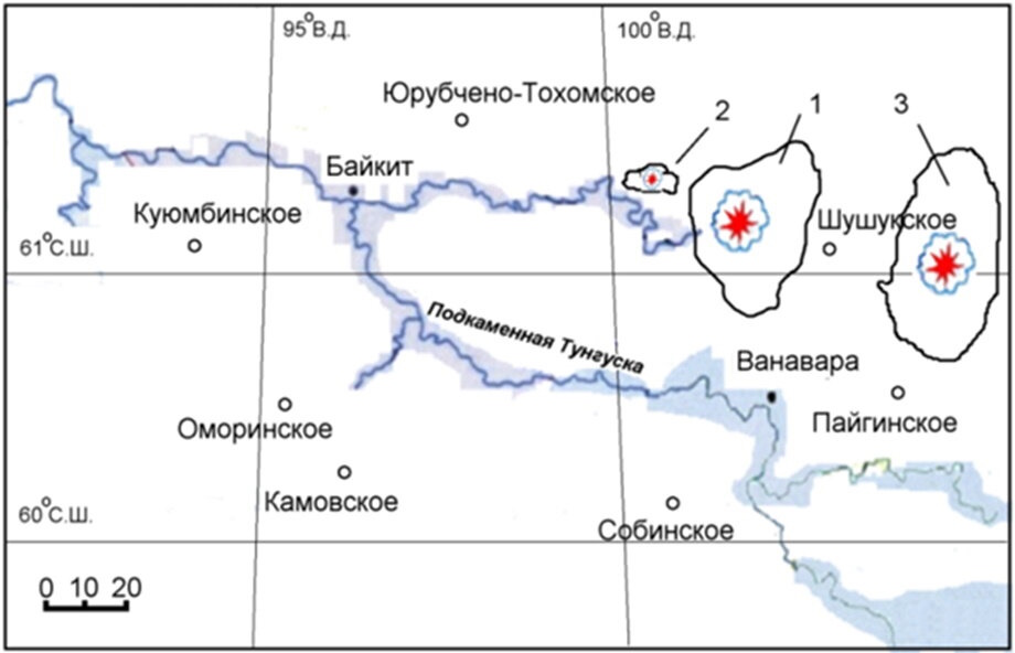 Forest fallouts in the area of the Tunguska event.\\ 1 -- Kulikovsky, 2 -- on the Chuvar ridge, 3 -- Shishkovsky